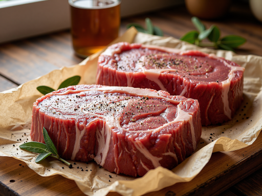 优质澳洲进口牛肉,红色肉质纹理清晰,脂肪分布均匀,摆放在白色盘子上,背景为浅色木质桌面