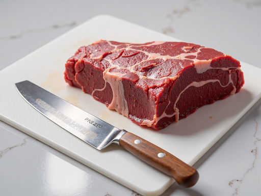 美国进口牛肉切块,深红色肉质表面光滑,摆放在白色大理石台面上,光线柔和