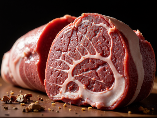 阿根廷进口牛肉,大块牛肉整齐摆放,肉质呈深红色,背景为工业风格的肉类加工车间