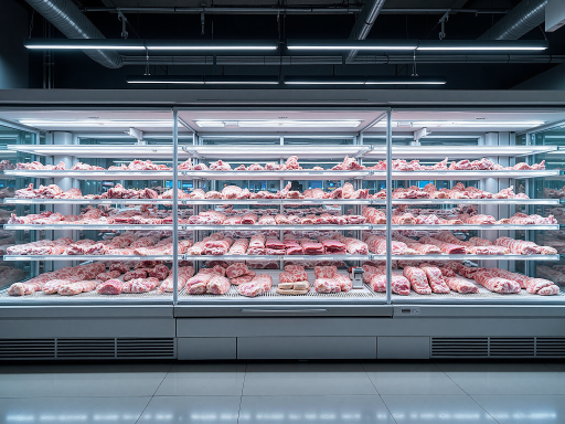 现代化食品仓库内部,货架上整齐摆放着各种包装完好的肉类制品,工作人员正在认真检查货物,环境整洁专业